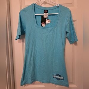 NWT Harley Davidson Light Baby Blue Square Neck T Shirt NAPLES FL Rare S SM